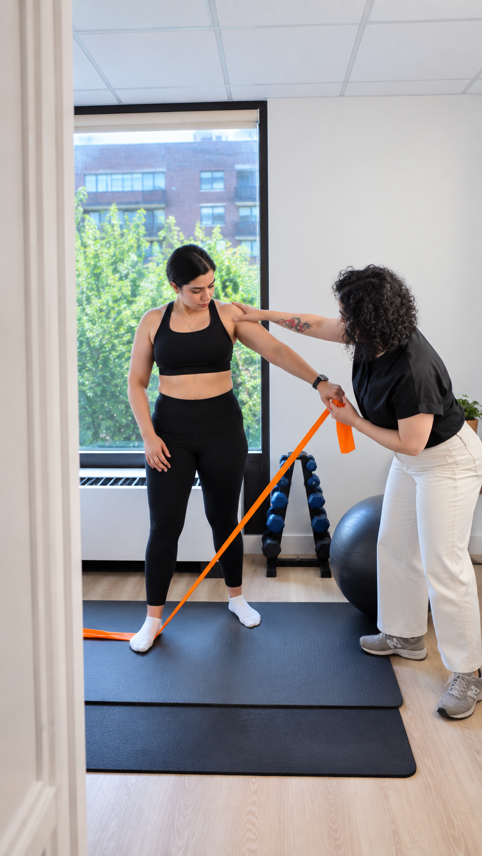 Kinesiologist demonstrating a guided movement assessment exercise at Flux Thérapeutique Montreal